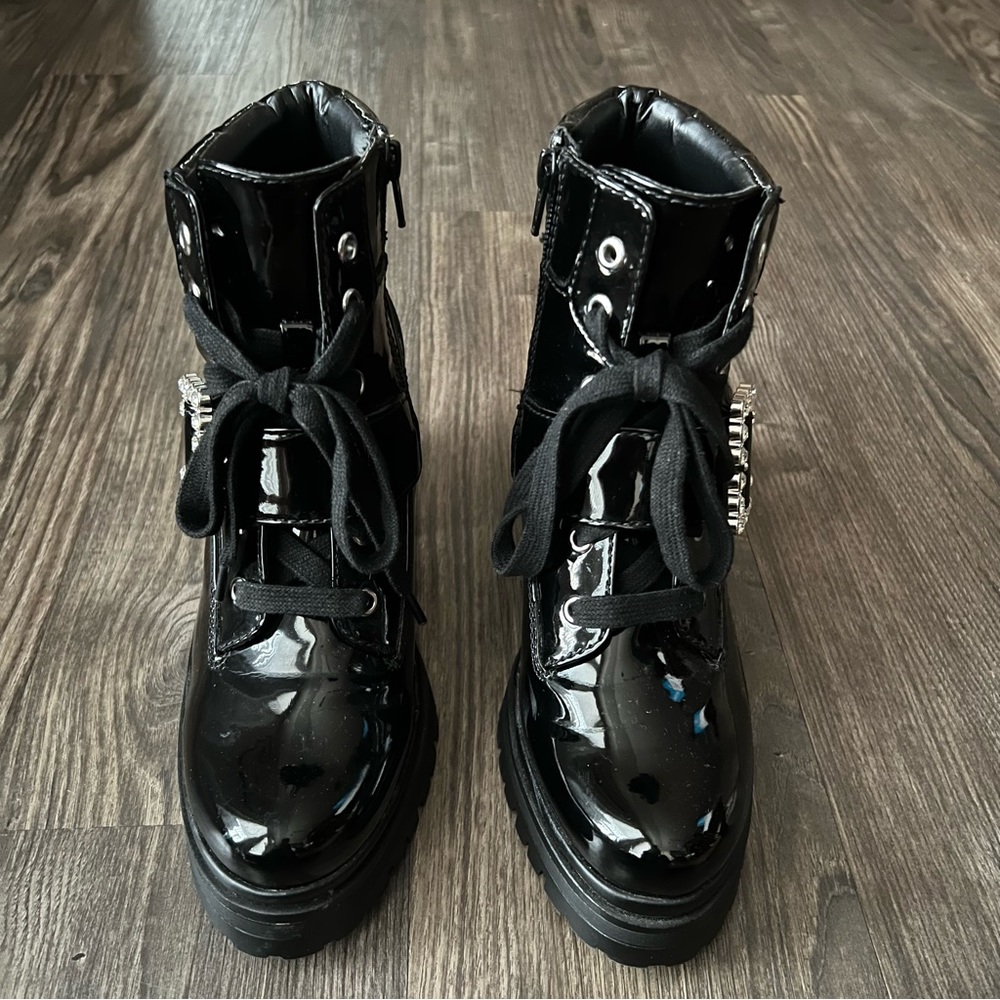 GB by Gianni Bini Black Patent Faux Leather Combat Boots with Rhinestone Buckles
